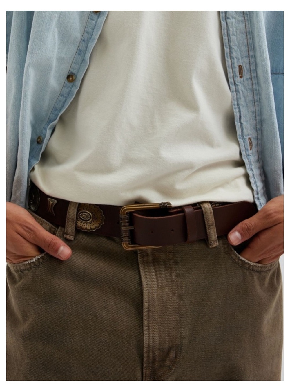 🟠NWT URBAN OUTFITTERS Unisex Embellished Leather Belt in Brown/Matte Gold XL